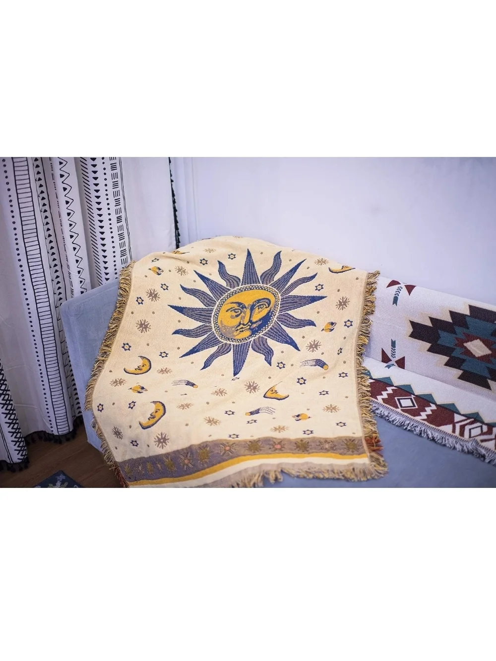 Sun & Moon Tapestry Throw Blanket - Navy and Gold 35x60